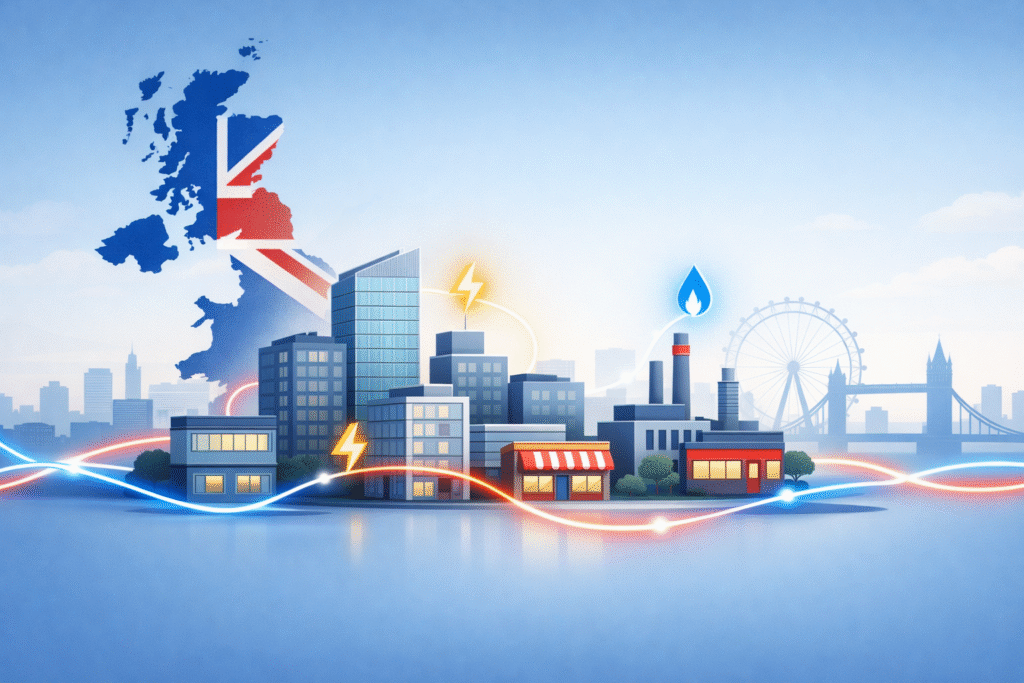 Illustration showing business energy in the UK with commercial buildings connected by electricity and gas, explaining how business energy works in the UK.