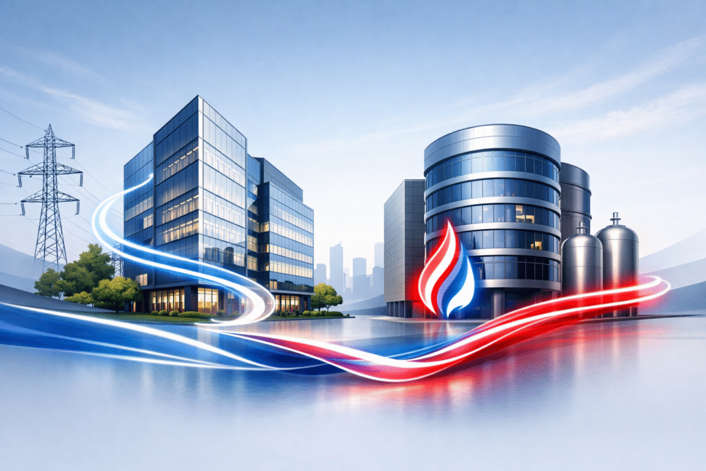 Modern illustration of UK business energy showing commercial buildings powered by business electricity and business gas.