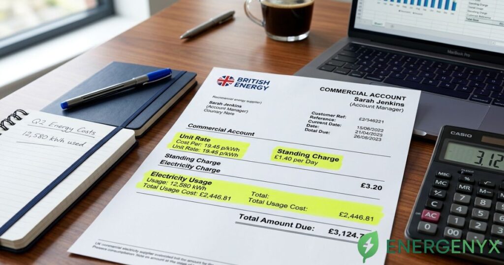 Business electricity bill showing unit rate and standing charge.