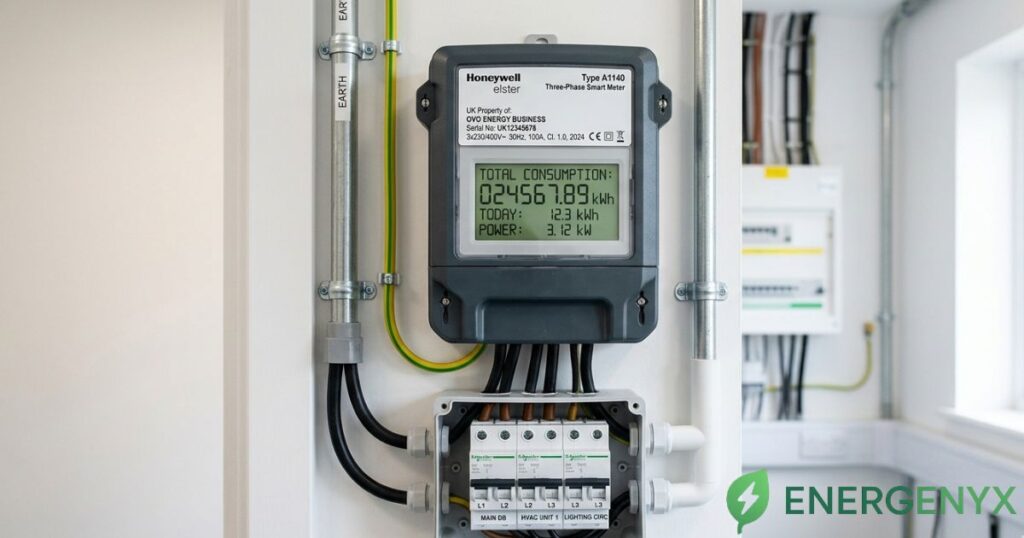 Commercial electricity meter measuring business electricity usage.