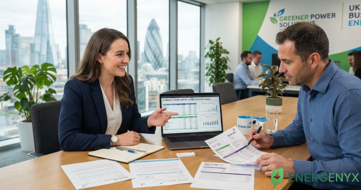 Business energy broker discussing commercial energy contracts with a UK business owner.