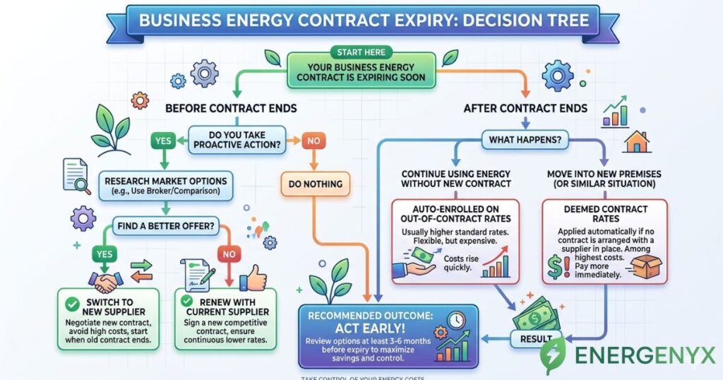 business energy contract expiry decision tree infographic explaining the overall process form expiry to renewal of contract.