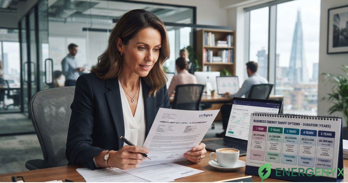 Business owner reviewing different business energy contract lengths