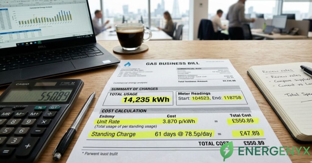 Commercial business gas bill showing unit rates and standing charges.