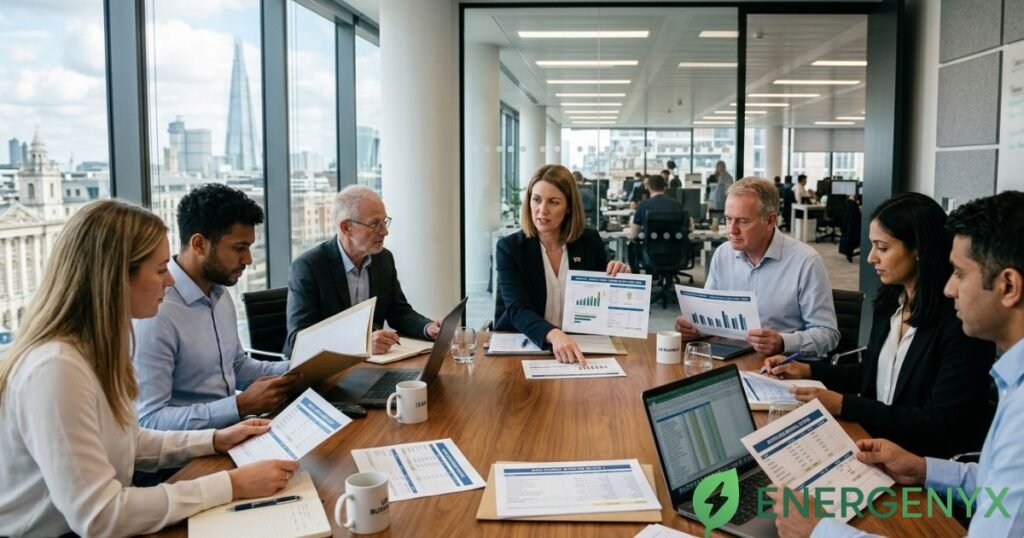 Business team planning commercial energy strategy.