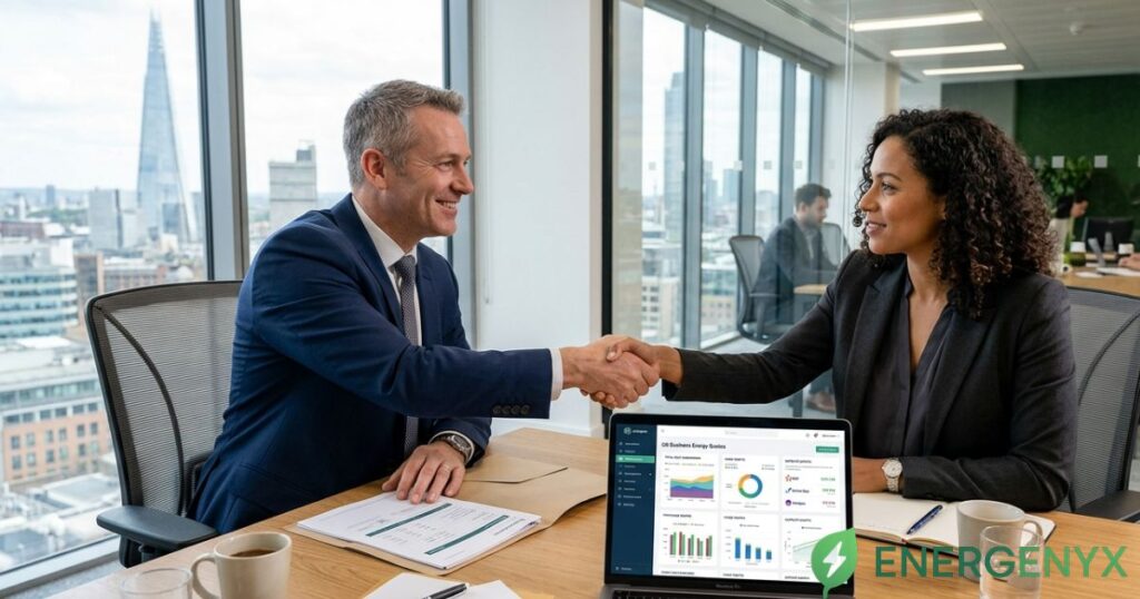 Business owner comparing commercial electricity quotes.
