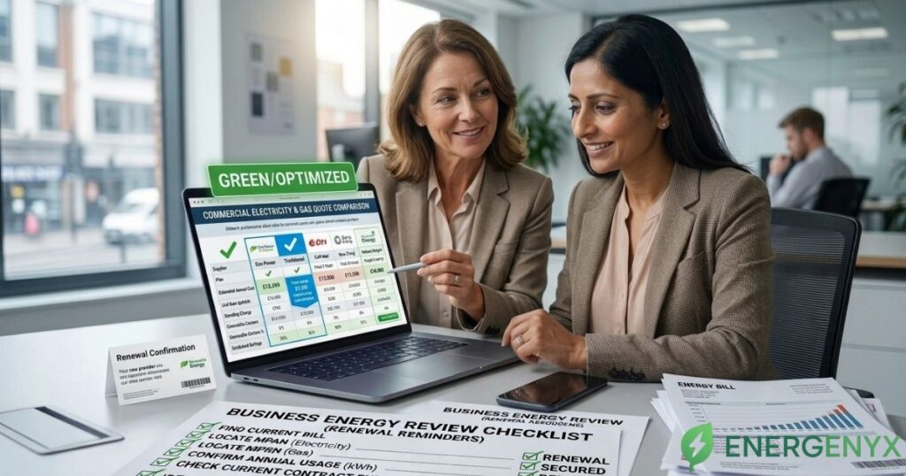 Business owner comparing business energy quotes