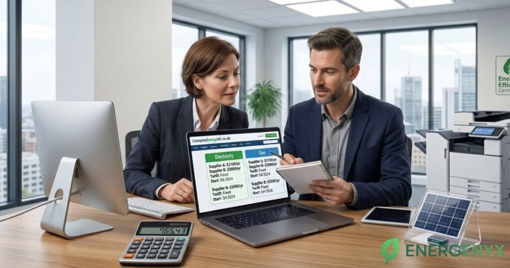 Business owner comparing business energy quotes
