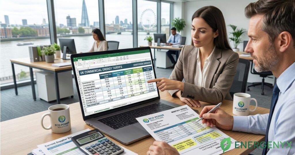 Business owner comparing business energy quotes