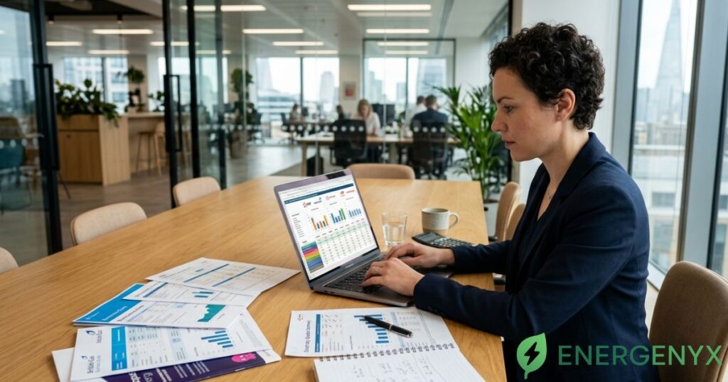 Business owner comparing commercial electricity suppliers.