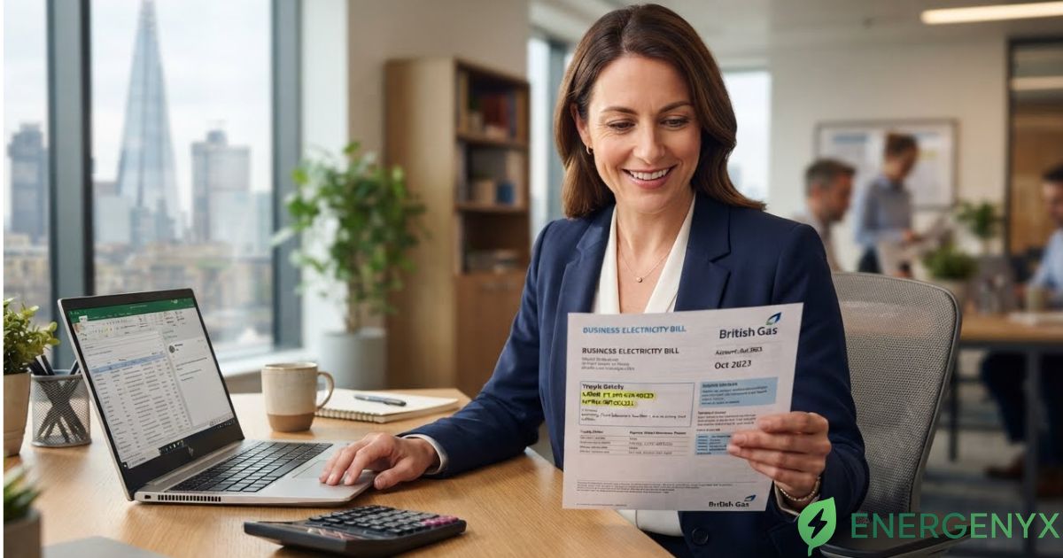 Business owner checking an MPAN and MPRN number on an energy bill