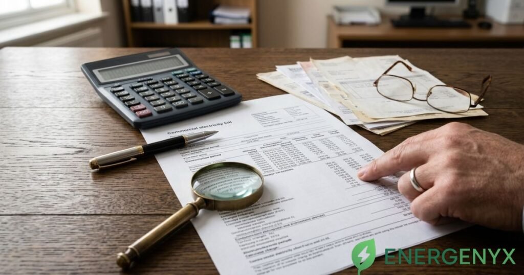 Business electricity bill being reviewed with a calculator and financial documents