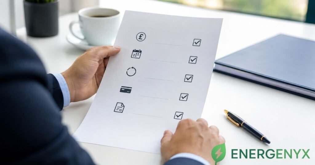 Business electricity contract checklist with pricing and renewal documents