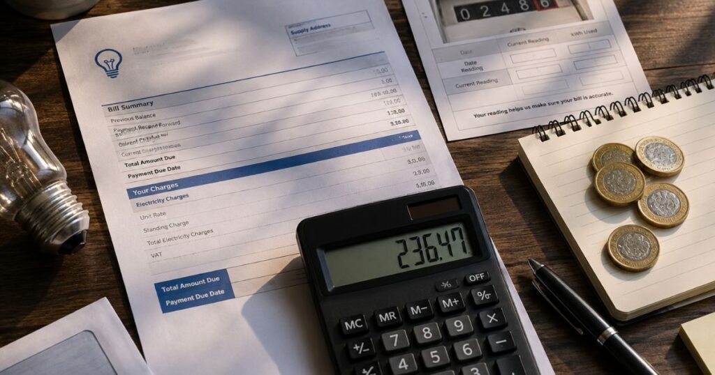Commercial electricity meter and documents representing business energy costs