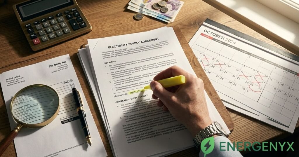 Business electricity contract and bill being reviewed with a calculator and calendar