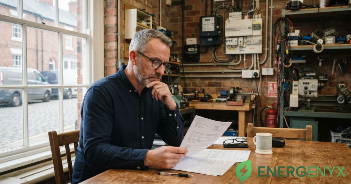 Business owner reviewing an electricity contract for commercial premises