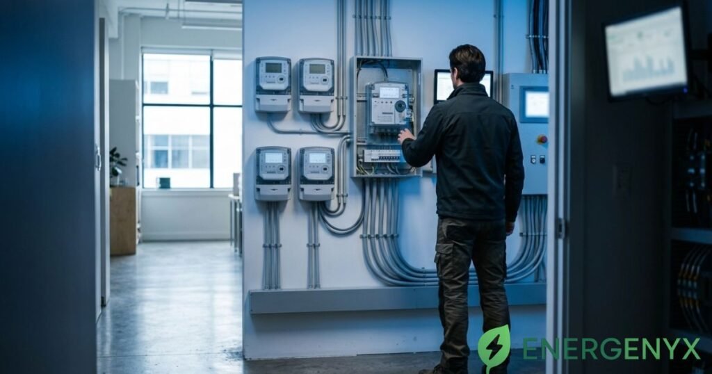 Business owner reviewing electricity meter and energy supply information