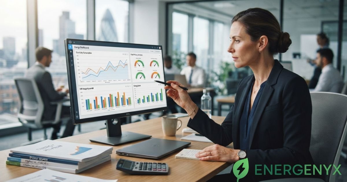 Business owner reviewing UK commercial electricity prices.