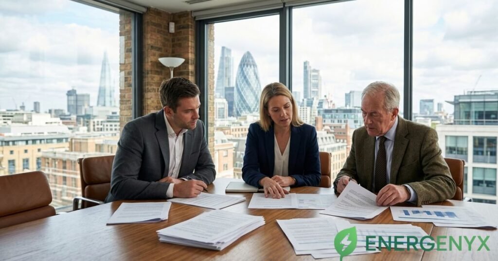 Business professionals reviewing commercial electricity procurement documents