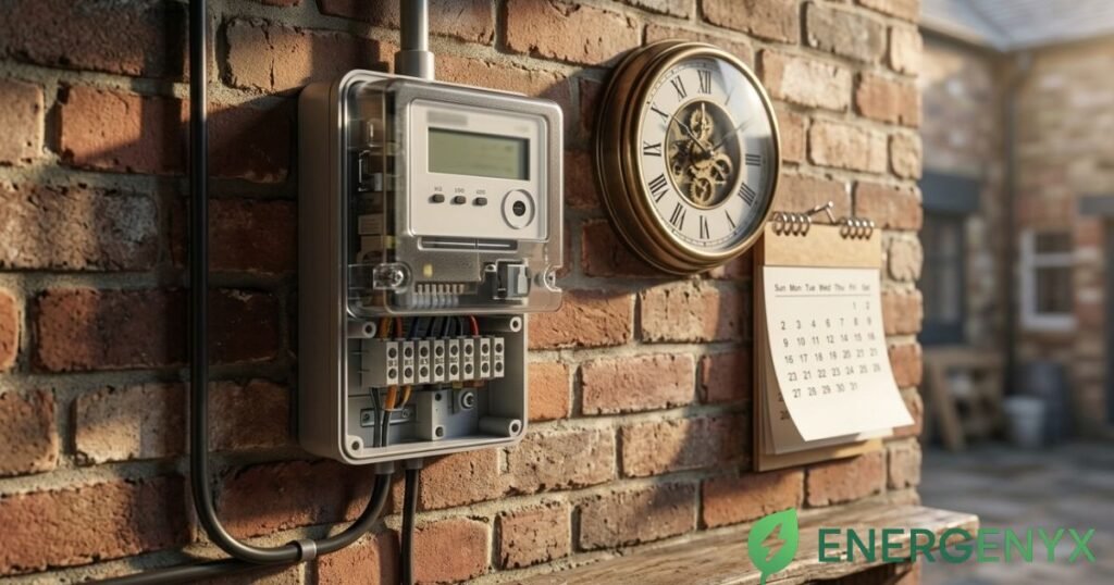 Commercial electricity meter with a calendar and clock representing recurring charges