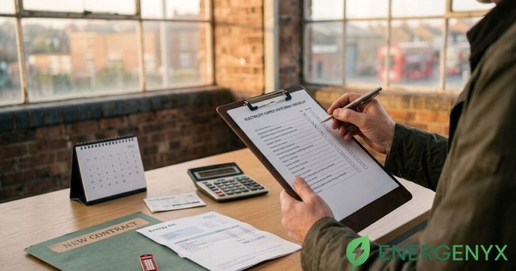 Business owner completing a checklist for switching electricity supplier