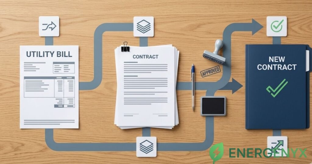 Business electricity bills and contract documents arranged to represent the supplier switching process
