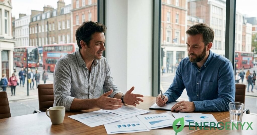 Business adviser discussing commercial energy options with a company owner