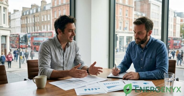 Business adviser discussing commercial energy options with a company owner
