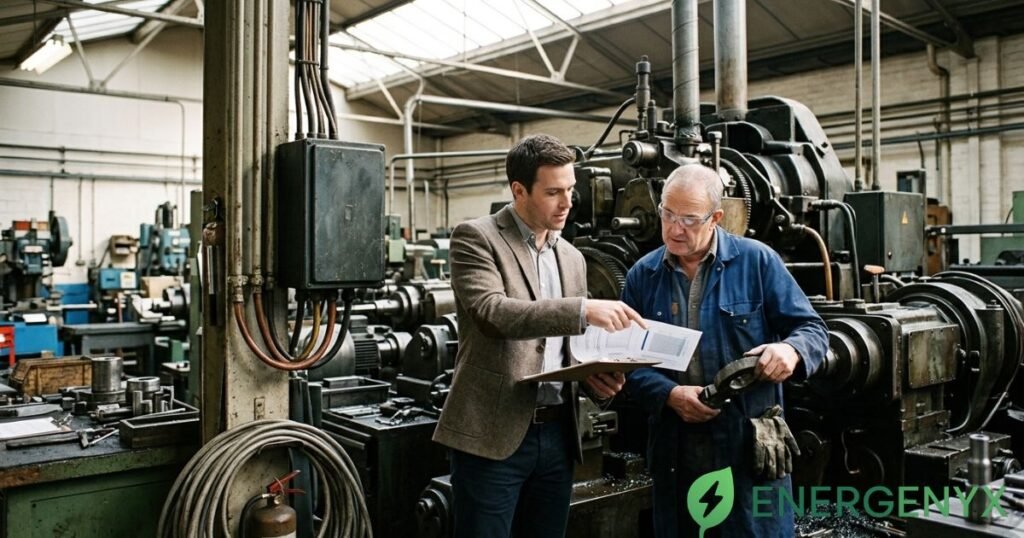 Energy adviser discussing electricity options with a business manager