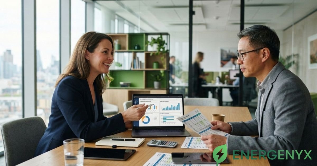 Business energy consultant advising a UK business owner.