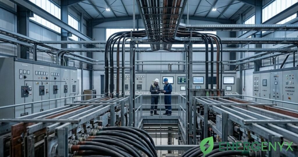 Energy manager reviewing electricity consumption data at a commercial facility