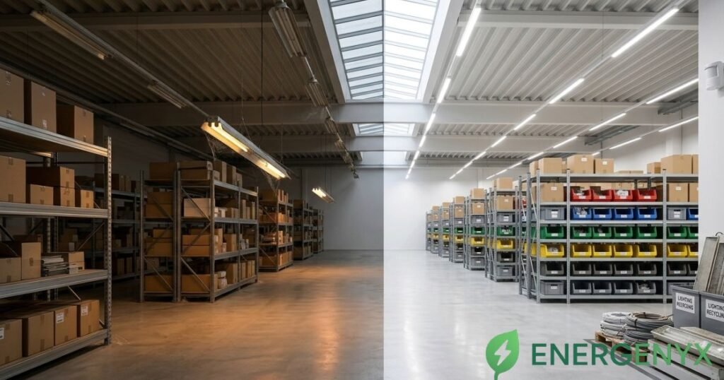 Warehouse showing different levels of business energy consumption with industrial lighting and storage areas