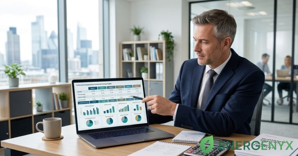 Business manager comparing commercial energy suppliers.