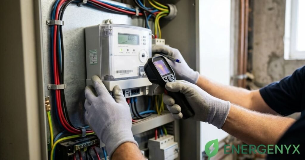 Technician inspecting an electricity meter at a commercial property