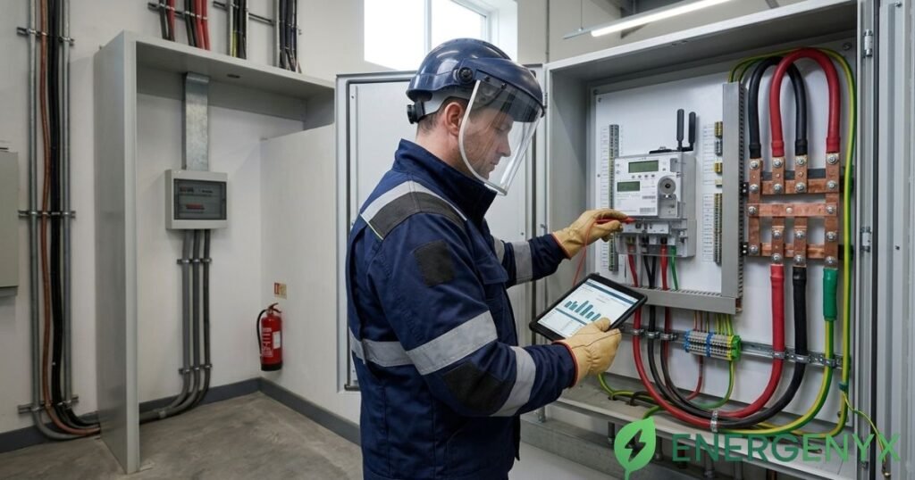 Engineer inspecting a half-hourly electricity meter at a commercial property.