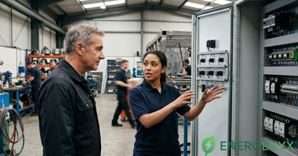 Business professionals comparing electricity contract options