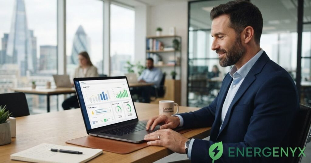 Business owner comparing commercial electricity options online.