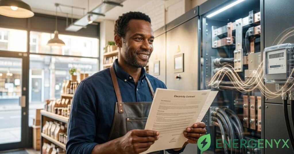 UK business owner reviewing an electricity contract inside a commercial shop
