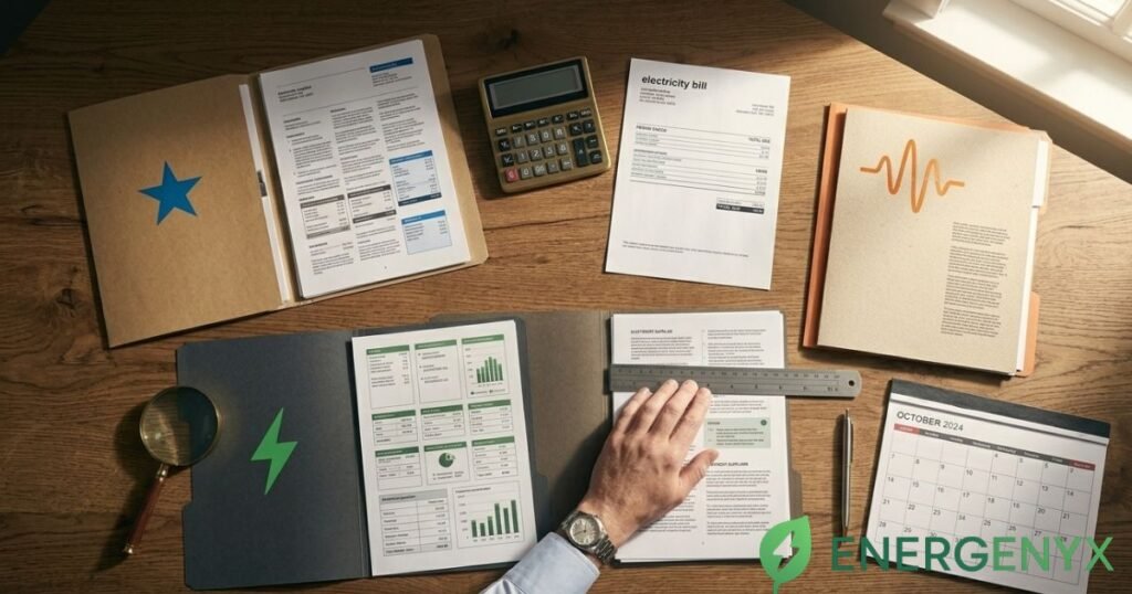Different business electricity supplier contracts being compared on a conference table