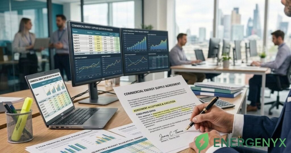 Business signing a fixed-price energy contract.