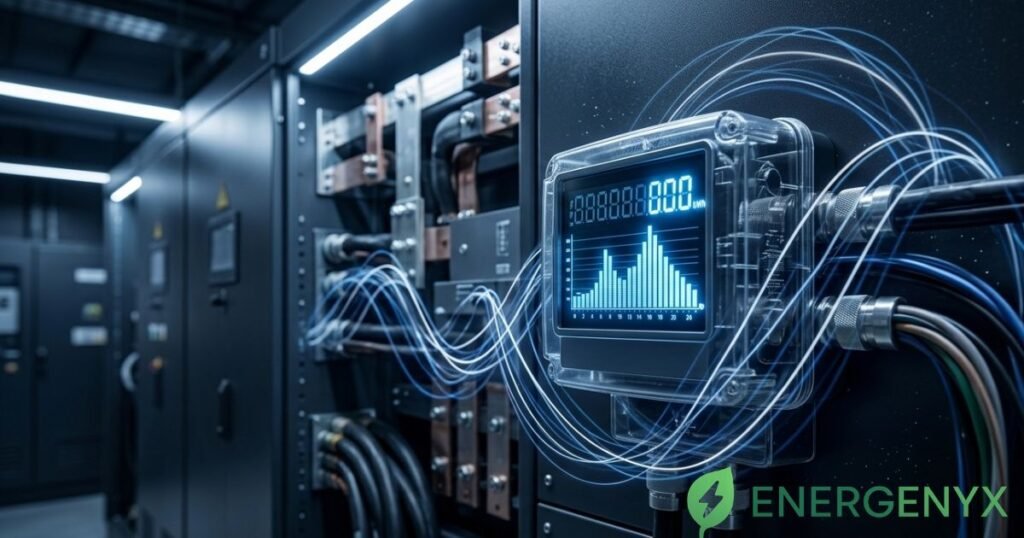 Smart commercial electricity meter showing energy consumption data