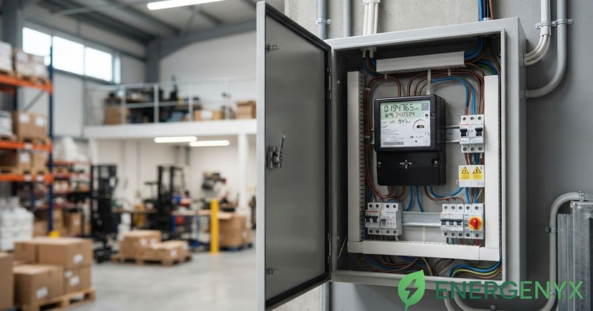 Half-hourly electricity meter installed at a UK business premises.