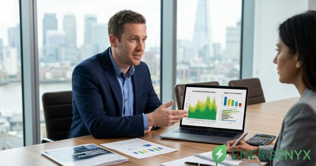 Energy consultant discussing half-hourly electricity procurement with a business manager.