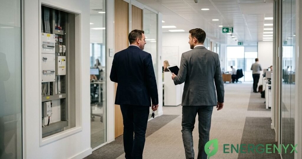 Energy broker discussing electricity contract options with business owner