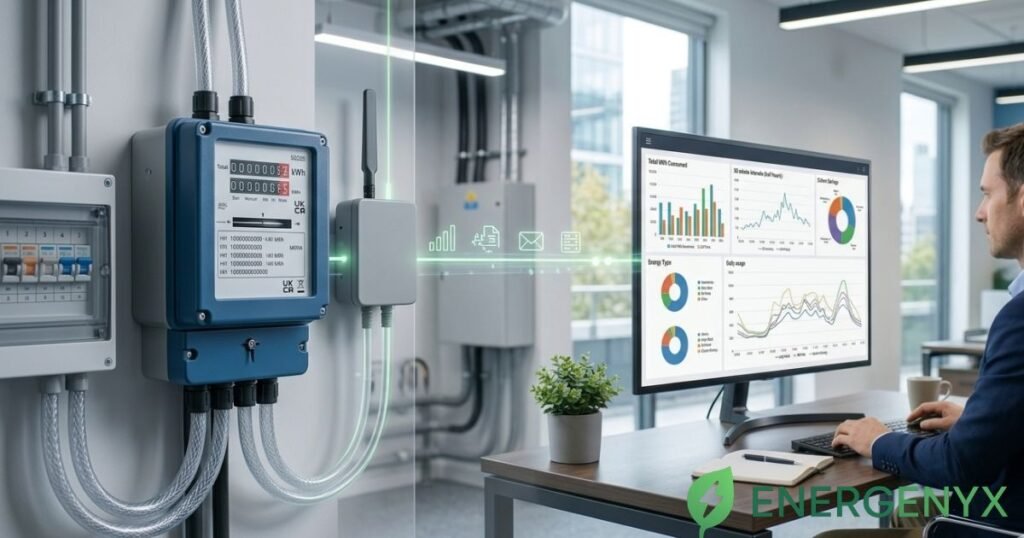Half-hourly electricity meter recording business energy consumption.