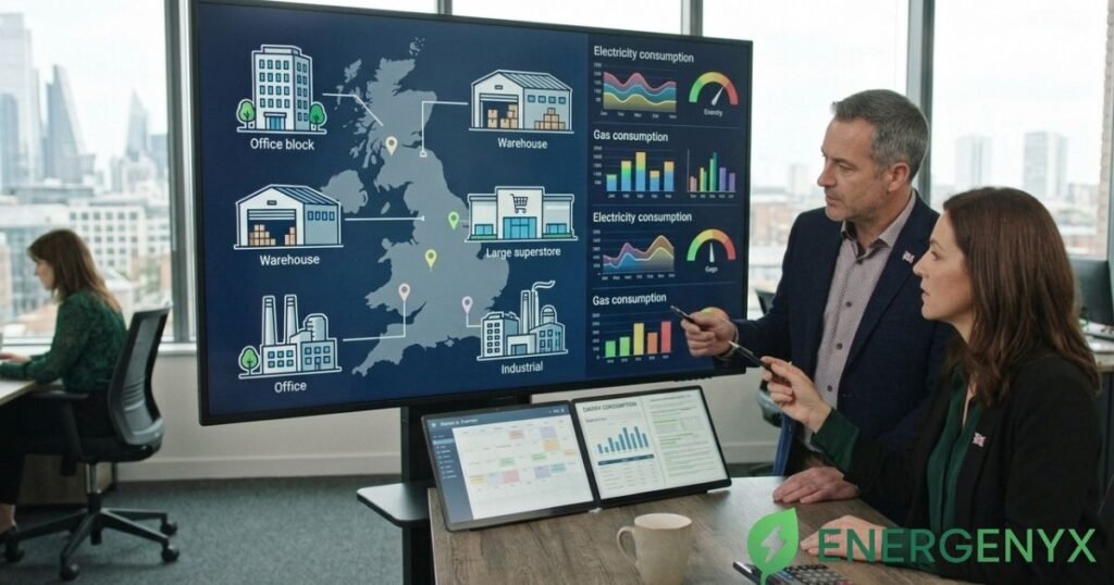 Energy manager monitoring consumption across multiple business locations.