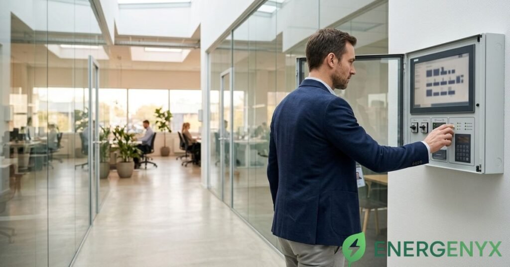 Energy-efficient LED lighting and equipment inside a modern commercial building