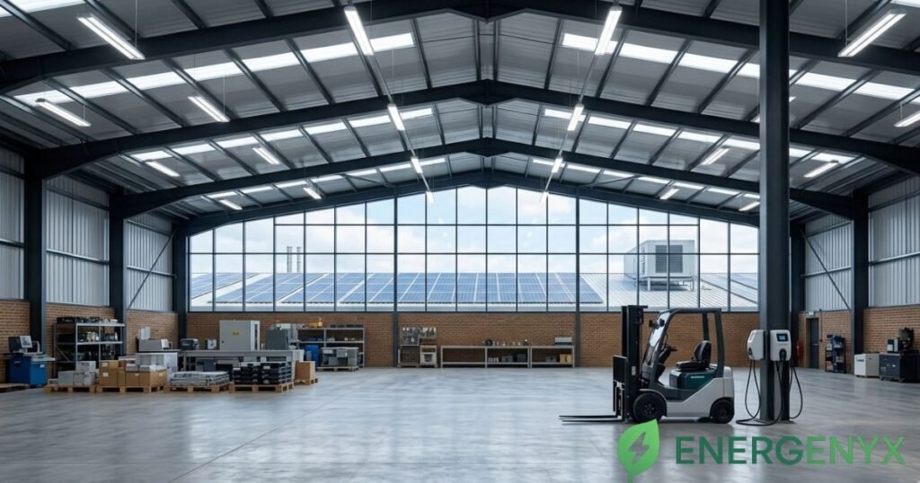 Energy-efficient lighting and equipment inside a modern commercial warehouse