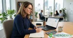 Small business owner comparing commercial energy quotes.