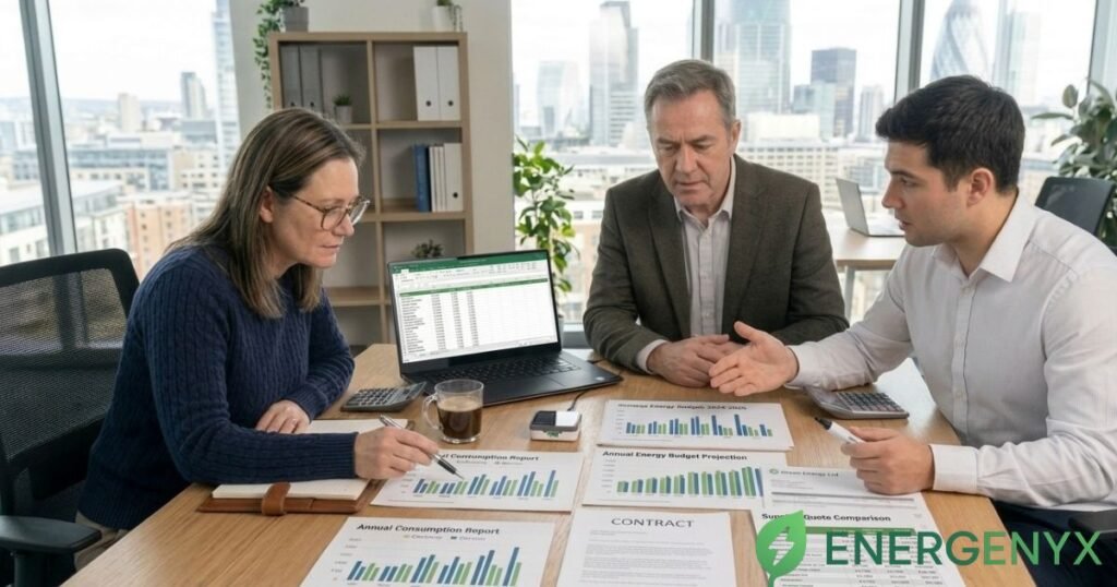 Small business owners planning commercial energy costs.